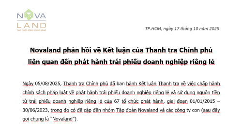 Novaland phản hồi về Kết luận của Thanh tra Chính phủ liên quan đến phát hành trái phiếu doanh nghiệp riêng lẻ