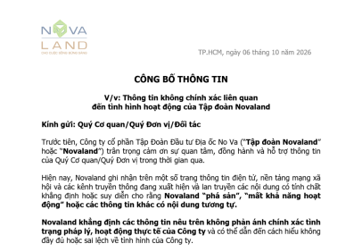 NOVALAND PHẢN HỒI VỀ THÔNG TIN KHÔNG CHÍNH XÁC LIÊN QUAN ĐẾN TÌNH HÌNH HOẠT ĐỘNG CỦA CÔNG TY