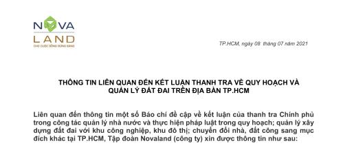 THÔNG TIN LIÊN QUAN ĐẾN KẾT LUẬN THANH TRA VỀ QUY HOẠCH VÀ  QUẢN LÝ ĐẤT ĐAI TRÊN ĐỊA BÀN TP.HCM