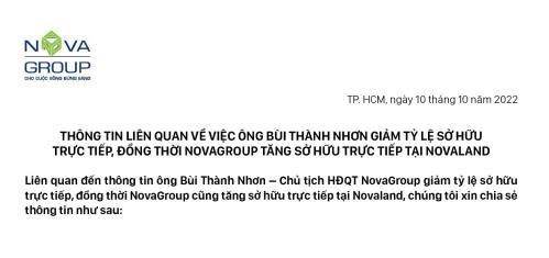 THÔNG TIN LIÊN QUAN VỀ VIỆC ÔNG BÙI THÀNH NHƠN GIẢM TỶ LỆ SỞ HỮU TRỰC TIẾP, ĐỒNG THỜI NOVAGROUP TĂNG SỞ HỮU TRỰC TIẾP TẠI NOVALAND