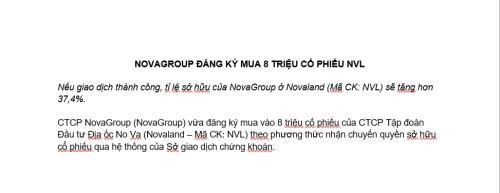 NOVAGROUP ĐĂNG KÝ MUA 8 TRIỆU CỔ PHIẾU NVL